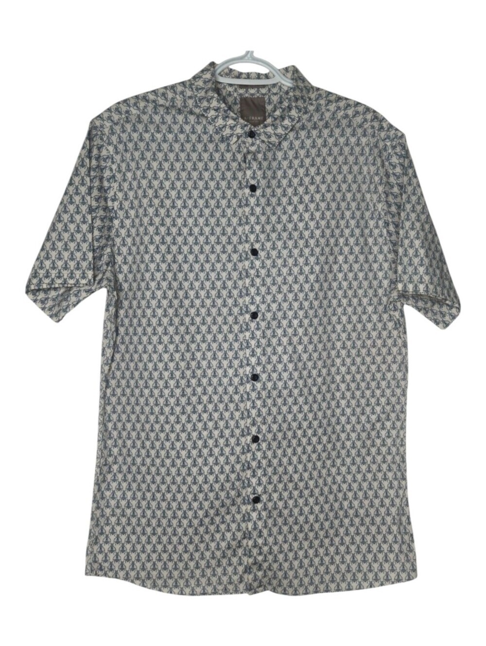 A Frame Mens Blue Moth Insect Print Slim Fit Short Sleeve Button Up Shirt Large